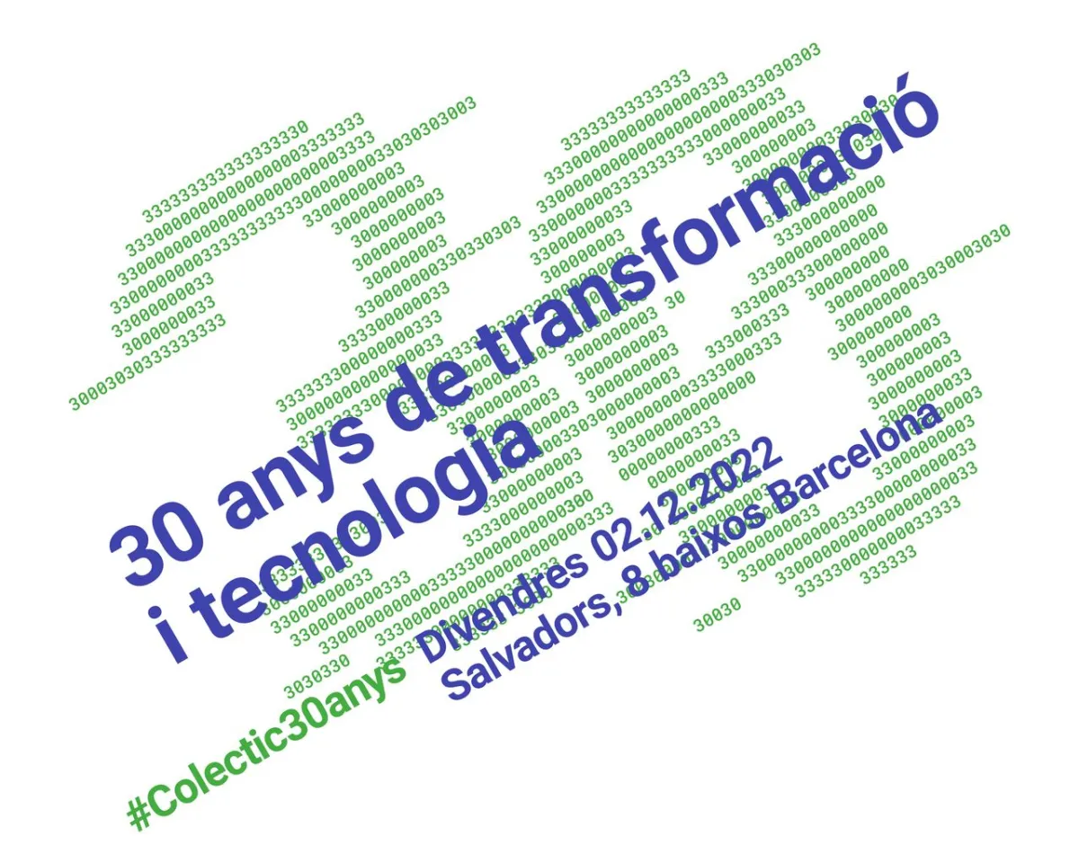 Bànner amb la imatge gràfica de la cooperativa Colectic. Sobre fons blanc, es llegeix un 30 fet amb codi ASCI i una frase que diu "30 anys de transformació i tecnologia"